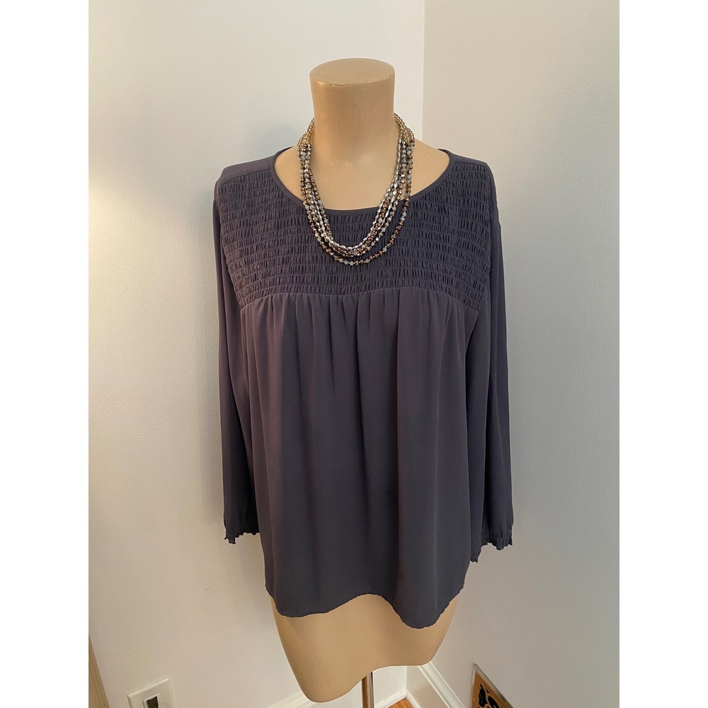 LOFT Womens Dark Gray Smocked Yoke Long Sleeve Blouse Size‎ L Relaxed Fit Boho